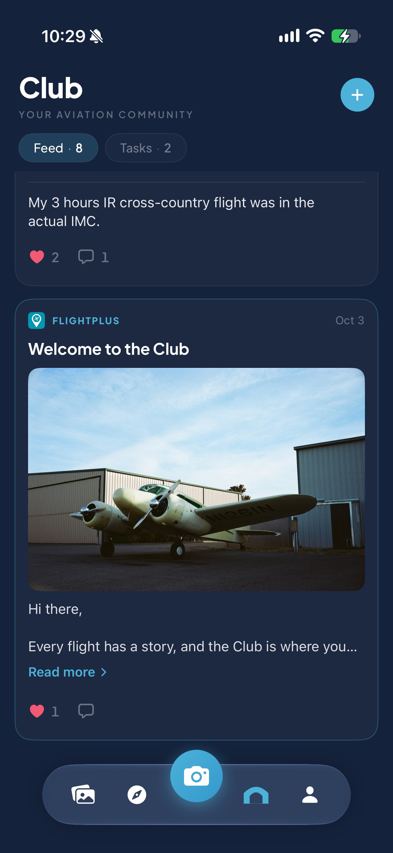 The Club feed with the Tasks tab